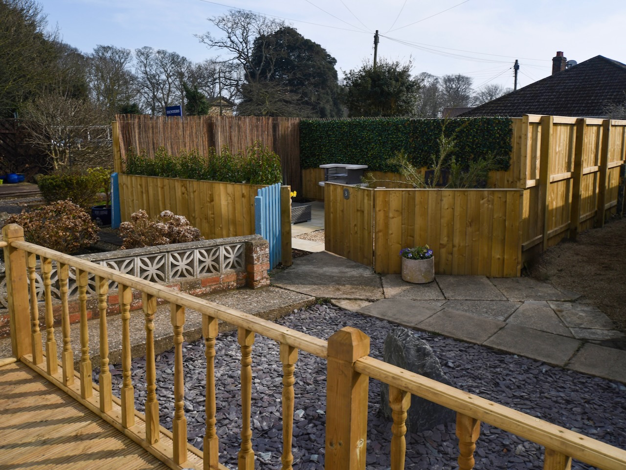 Looking down towards the enclosed garden area from the decking